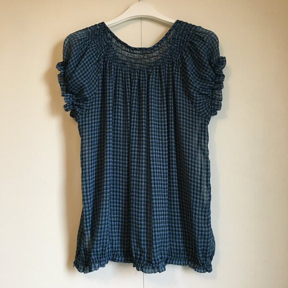 Checkered Chiffon Ruched Puff Sleeve Milkmaid Blouse - Picture 2 of 12